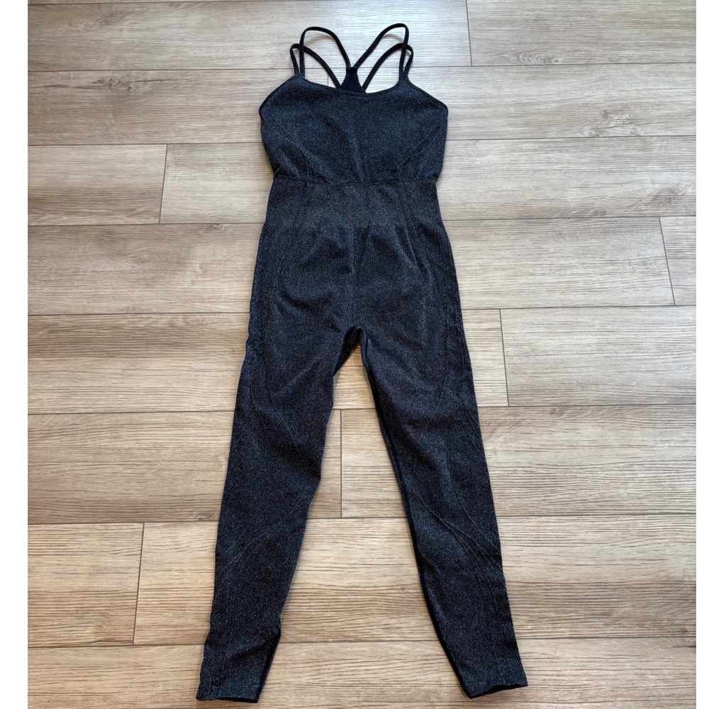 Fabletics Metallic Shimmer Strappy Back Active Jumpsuit Black Silver Small